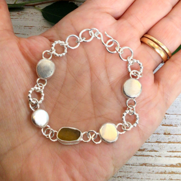 Yellow sea glass and silver pebbles bracelet