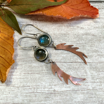 Labradorite silver and copper ‘sea weed’ earrings