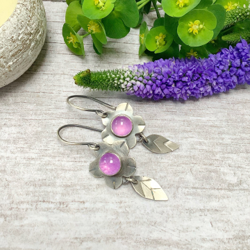Pink jade flower earrings